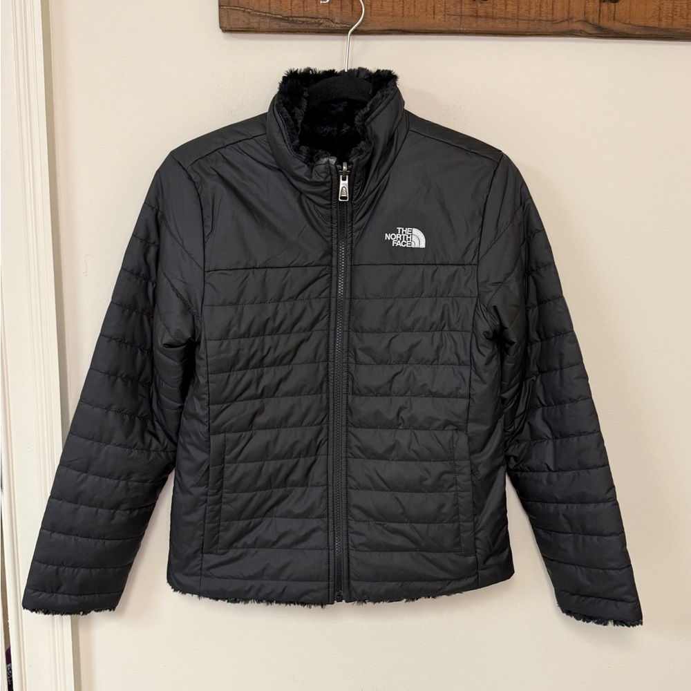 The North Face: Girls Reversible Mossbud Swirl Jacket in Black, Size L (14/16)
